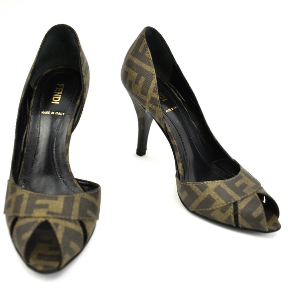 Fendi Shoes - FENDI "Zucca" Brown "FF" Logo Peep-Toe Heels/Pumps